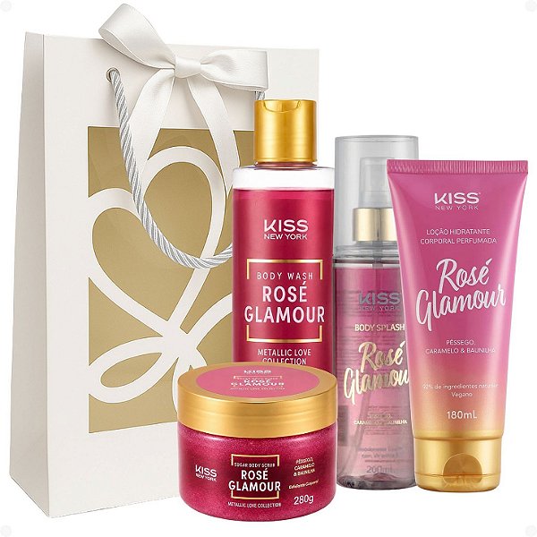 Kit Presente Kiss New York Rosé Glamour: Sabonete Líquido 300ml, Esfoliante 280g, Body Splash 200ml e Loção Hidratante 180ml