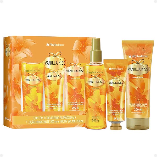 Kit Phytoderm Vanilla Kiss: 1 Body Splash 200ml, 1 Hidratante 200ml e 1 Creme de Mãos 60g