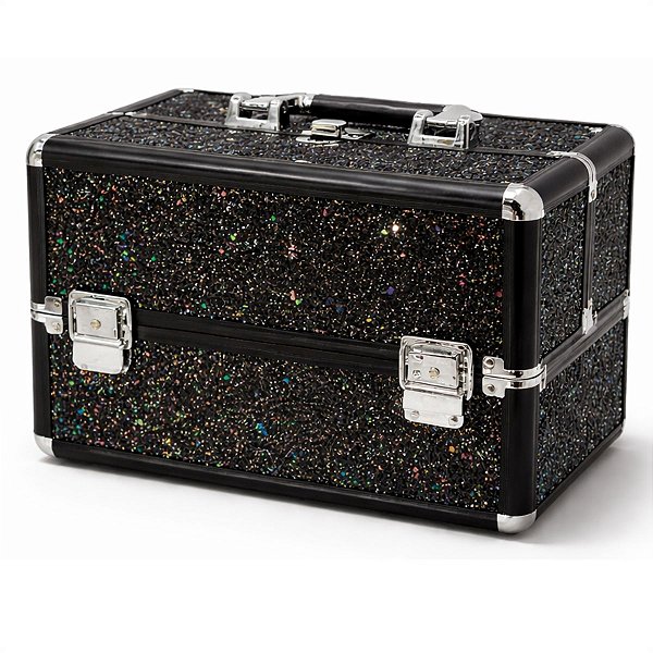Maleta de Maquiagem Cisne Linha Shine Preto Glitter e Preto com 3 Bandejas Csn-5171b
