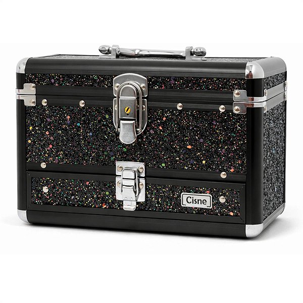 Maleta de Maquiagem Cisne Linha Shine Preto Glitter e Preto com 1 Bandeja e Gaveta Csn-5141b