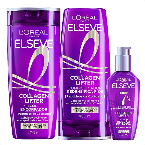 Kit Elseve Collagen Lifter: Shampoo Encorpador, Condicionador Redensifica 400ml e Leave-In Injeção de Massa