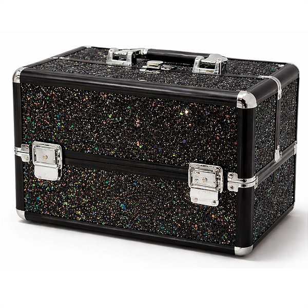 Maleta de Maquiagem Cisne Linha Shine Preto Glitter e Preto com 2 Bandeja Csn 5142B