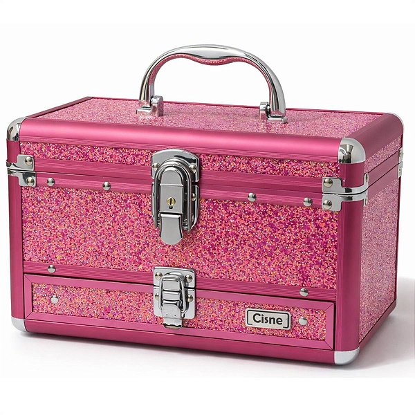 Maleta de Maquiagem Cisne Linha Shine Pink Glitter e Rosa com 1 Bandeja e Gaveta Csn-5141b