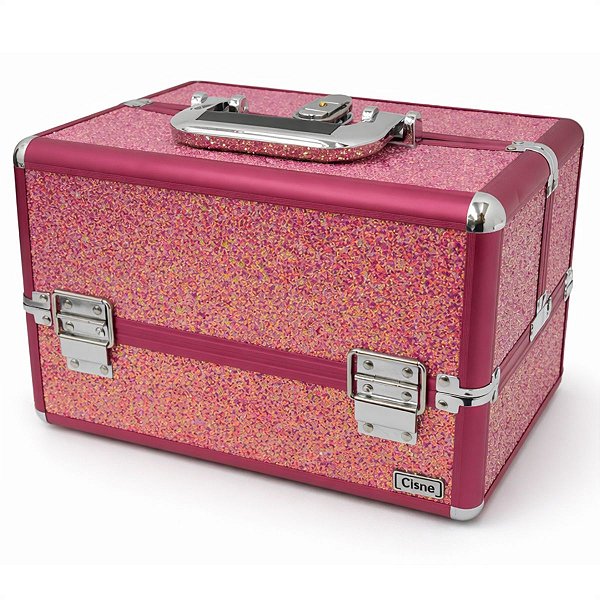 Maleta de Maquiagem Cisne Linha Shine Pink Glitter e Rosa com 3 Bandejas Csn-5171b