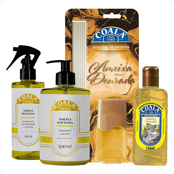 Kit Coala Ameixa Dourada: Limpador Perfumado 120ml, Sabonete Líquido 500ml, Odorizante De Ambientes 260ml e Difusor De Aromas 100ml