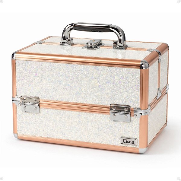 Maleta de Maquiagem Cisne Linha Shine Branco Glitter e Rose com 2 Bandeja Csn 5142B