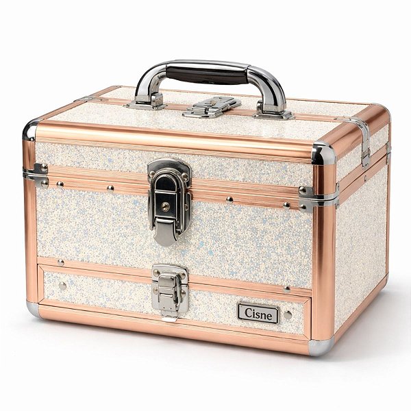 Maleta de Maquiagem Cisne Linha Shine Branco Glitter e Rose com 1 Bandeja e Gaveta Csn-5141b