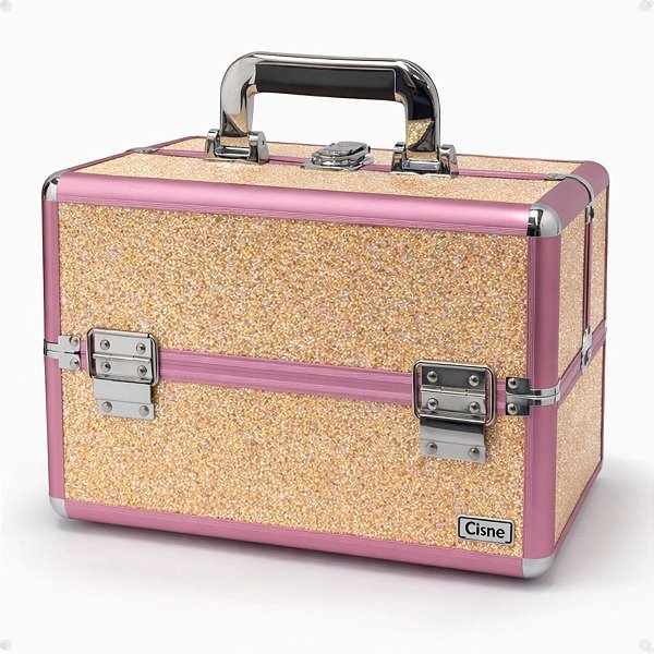 Maleta de Maquiagem Cisne Linha Shine Salmão Glitter e Rosa com 3 Bandejas Csn-5171b