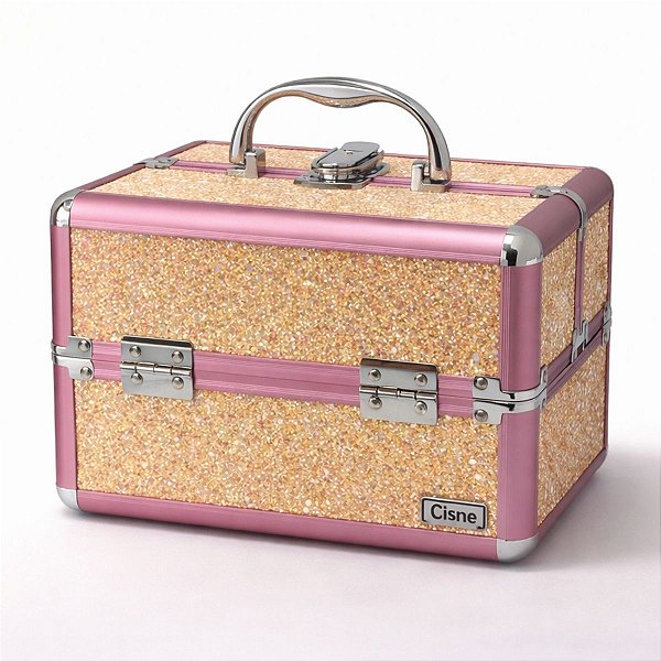 Maleta de Maquiagem Cisne Linha Shine Salmão Glitter e Rosa com 2 Bandeja Csn-5142B