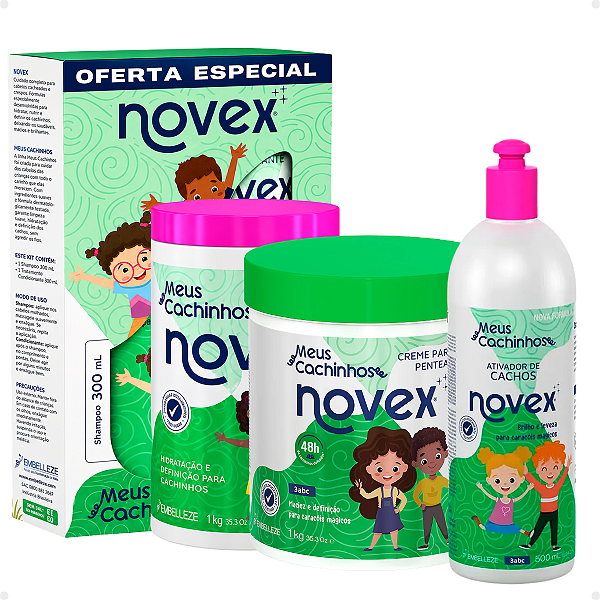 Kit Novex Meus Cachinhos: Shampoo e Tratamento Condicionante 300ml + Creme De Tratamento 1kg, Creme Para Pentear 1kg e Ativador De Cachos 500ml