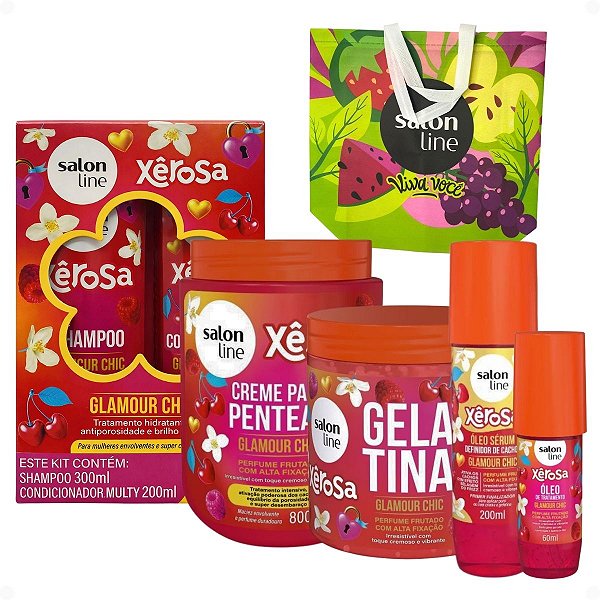 Kit Salon Line Xêrosa Glamour Chic: Shampoo 300ml, Condicionador 200ml, Creme 800g, Gelatina 500g, Óleo Sérum 200ml e Óleo Capilar 60ml + Mimo