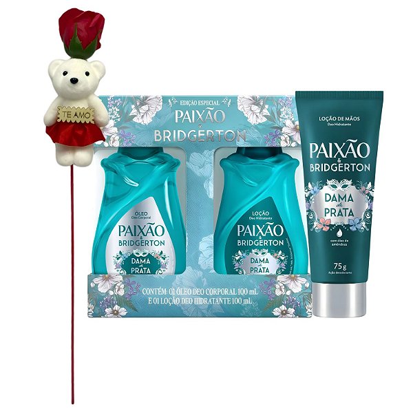 Kit Presente Paixão & Bridgerton: Loção Hidratante, Óleo Corporal 100ml e Loção Hidratante De Mãos 75g + Rosa com Ursinho