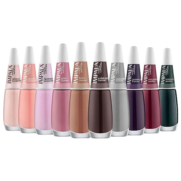 Kit Impala A Cor da Sua Moda 6ª Edição 10 Esmaltes: Relíquia, Discreto, Devaneio, Afeto, Linho, Essencial, Presença, Elegante e Bordado