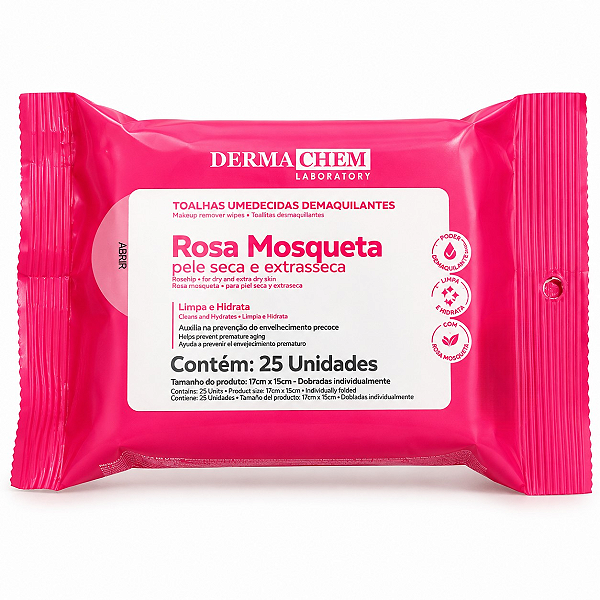 Toalhas Umedecidas Demaquilantes Dermachem Rosa Mosqueta Com 25 Unidades