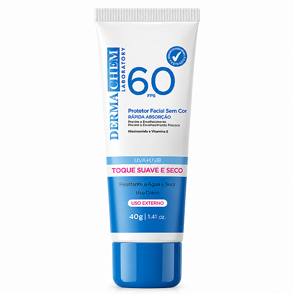 Protetor Solar Facial Dermachem Fps 60 Sem Cor Niacinamida e Vitamina E Toque Suave e Seco 40g