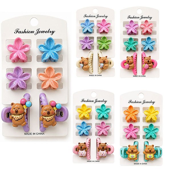 Kit Acessórios Para Cabelo Infantil: 2 Piranhas De Ursinhos e 4 Piranhas De Flores Df418-pr4705-3