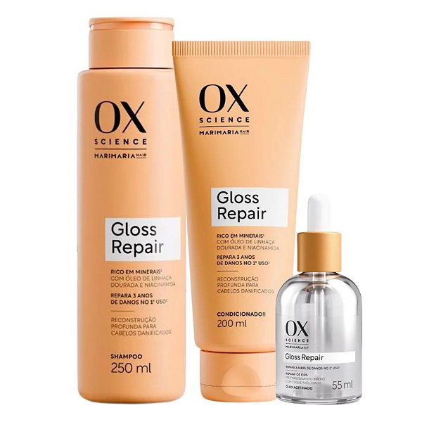 Kit Ox Science Mari Maria Hair Gloss Repair: Shampoo 250ml, Condicionador 200ml + Óleo Acetinado 55ml