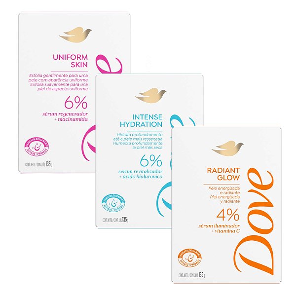 Kit Dove Sabonete Corporal: Uniform Skin, Intense Hydration e Radiant Glow 135g