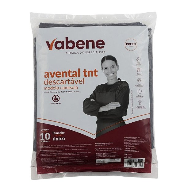 Avental Tnt Descartável Vabene Modelo Camisola Tamanho Único Preto Com 10 Unidades