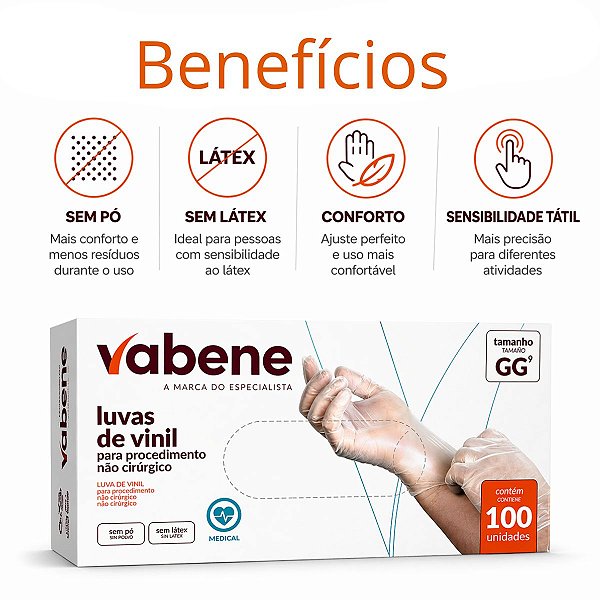 Luvas de Vinil Vabene Sem Pó 100un