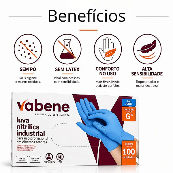 Luva Nitrílica Industrial Vabene Sem Pó Azul 100un