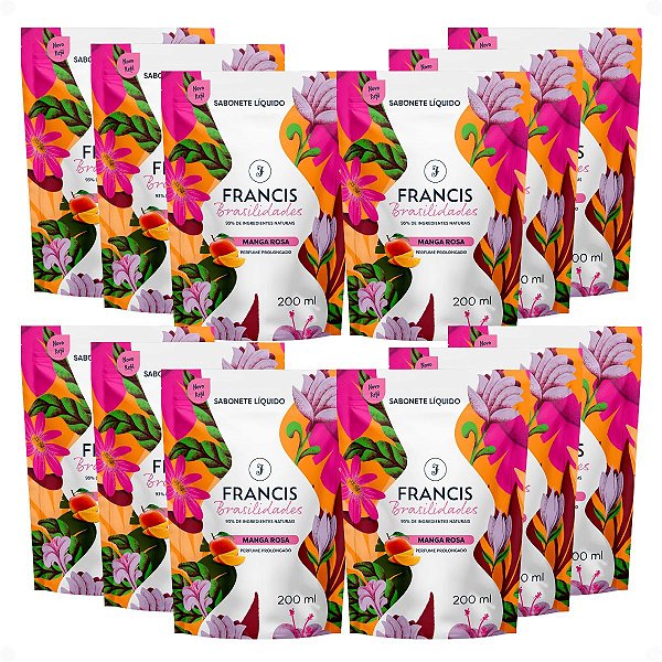 Kit Francis Refil Sabonete Líquido Corpo e Mãos Manga Rosa 200ml Com 12