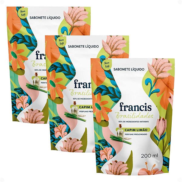 Kit Francis Refil Sabonete Líquido Corpo e Mãos Capim Limão 200ml Com 3
