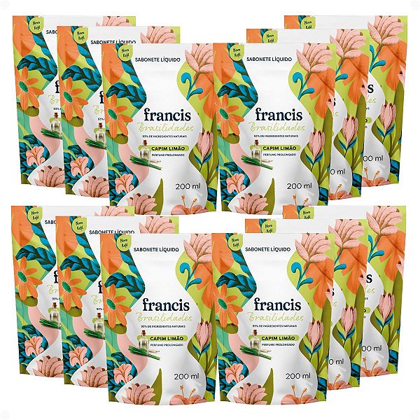 Kit Francis Refil Sabonete Líquido Corpo e Mãos Capim Limão 200ml Com 12