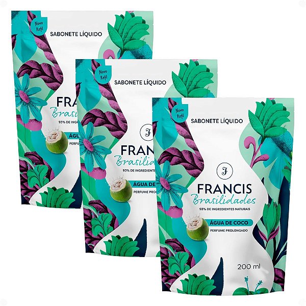 Kit Francis Refil Sabonete Líquido Corpo e Mãos Água De Coco 200ml Com 3