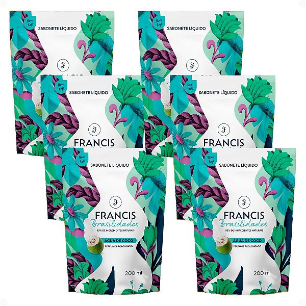 Kit Francis Refil Sabonete Líquido Corpo e Mãos Água De Coco 200ml Com 6