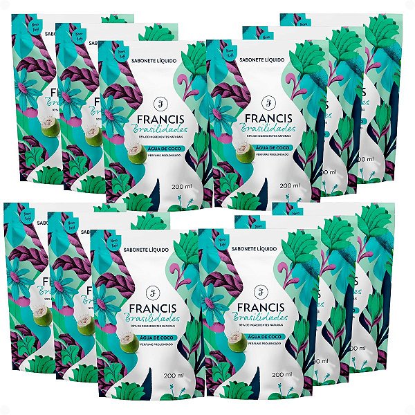 Kit Francis Refil Sabonete Líquido Corpo e Mãos Água De Coco 200ml Com 12