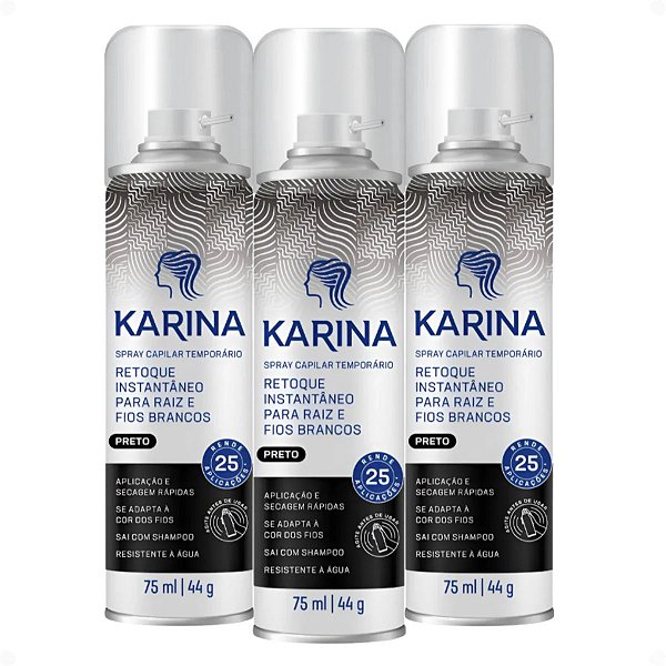 Kit Karina Retoque Capilar Temporário Raiz e Fios Brancos Preto 75ml Com 3
