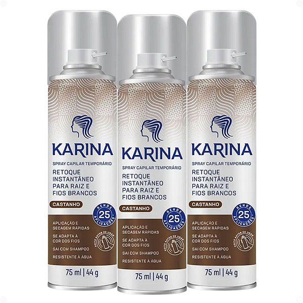 Kit Karina Retoque Capilar Temporário Raiz e Fios Brancos Castanho 75ml Com 3