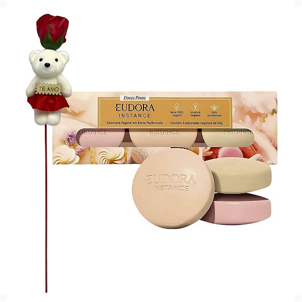 Kit Eurdora Instance 3 Sabonetes Em Barra 50g + Rosa Com Ursinho