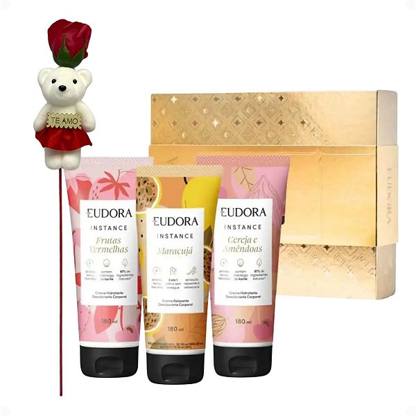 Kit Eudora Instance 3 Cremes Hiratantes Corporais 180ml + Rosa Com Ursinho