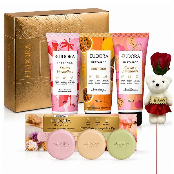 Kit Eudora: 3 Cremes Hidratantes 180ml e 3 Sabonetes Em Barra 50g + Rosa Com Ursinho