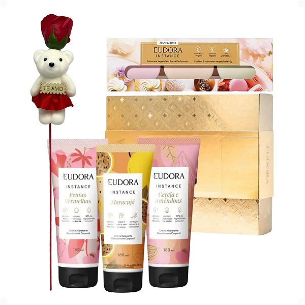 Kit Eudora: 3 Cremes Hidratantes 180ml e 3 Sabonetes Em Barra 50g + Rosa Com Ursinho