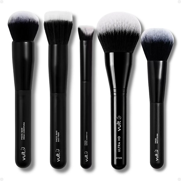 Kit Vult Pincéis para Maquiagem: Base, Duo Fiber, Corretivo, Pó e Blush