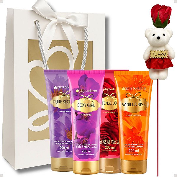 Kit Presente Phytoderm Loção Hidratante: Intense Love, Sexy Girl, Pure Secret e Vanilla Kiss 200ml e Rosa com Ursinho