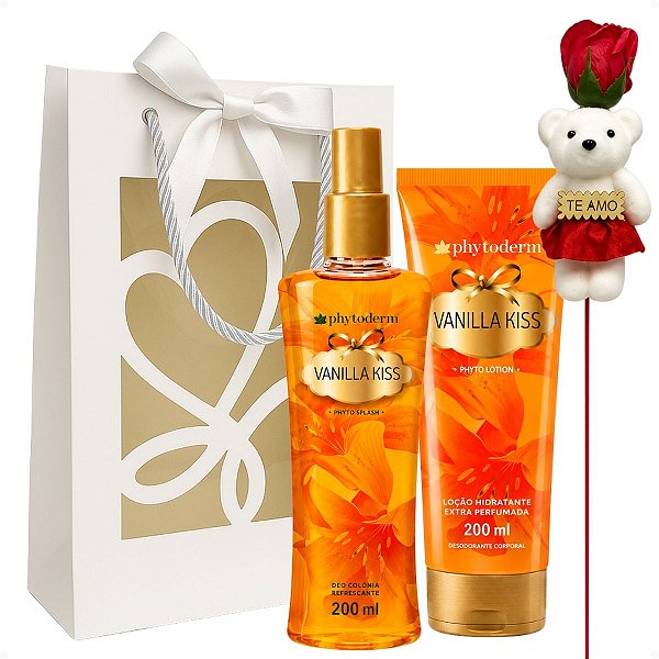 Kit Presente Phytoderm Vanilla Kiss: Body Splash Colônia, Hidratante e Rosa Ursinho