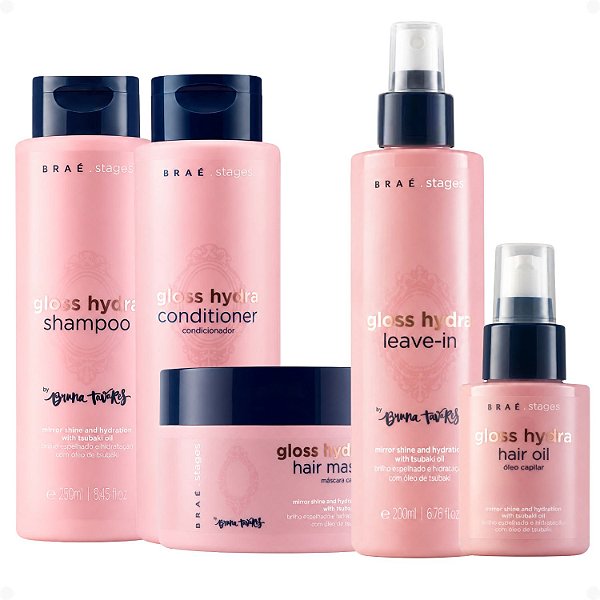 Kit Braé Stages by Bruna Tavares Gloss Hydra: Shampoo, Condicionador, Máscara, Leave-In e Óleo