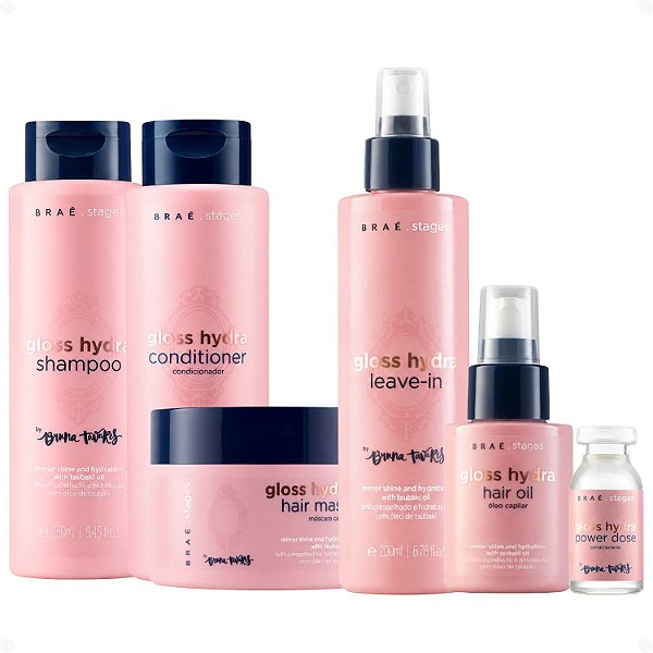Kit Braé Stages by Bruna Tavares Gloss Hydra: Shampoo, Condicionador, Máscara, Leave-In, Óleo e Power Dose