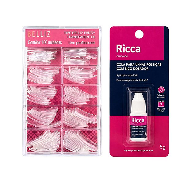 Kit Belliz: Tips Para Alongamento Belliz Fancy Transparentes 100 Unidades cód.1296  e Cola De Unhas 5g