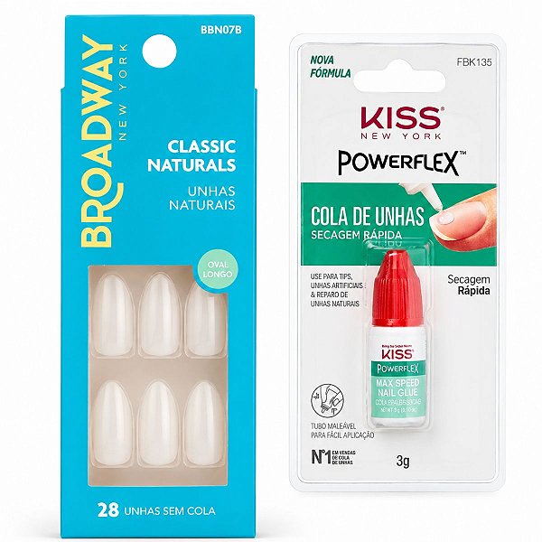 Kit Kiss New York: Unhas Postiças Broadway Classic Naturals Oval Longo e Cola De Unhas 3g