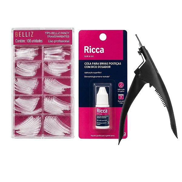 Kit Belliz Tips Transparentes com Cola Ricca e Alicate Enox