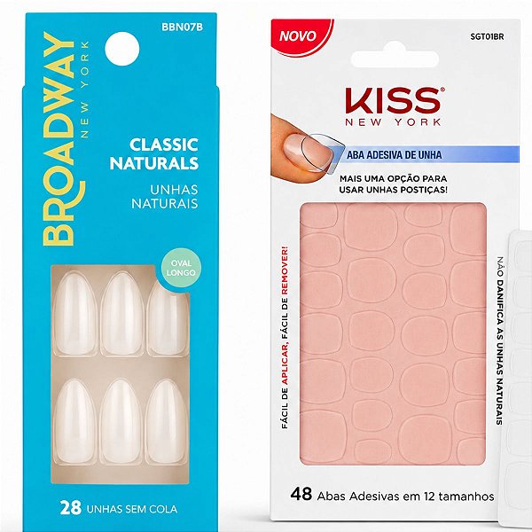 Kit Kiss New York: Unhas Postiças Broadway Classic Naturals Oval Longo e Aba Adesiva De Unha