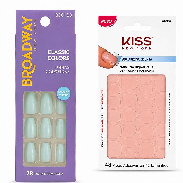 Kit Kiss New York: Unhas Postiças Broadway Classic Colors Bailarina Curto e Aba Adesiva De Unha