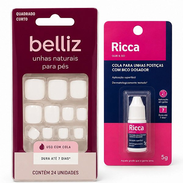 Kit Belliz: Unhas Postiças Para Pés Belliz Quadrado Curto e Cola De Unhas 5g
