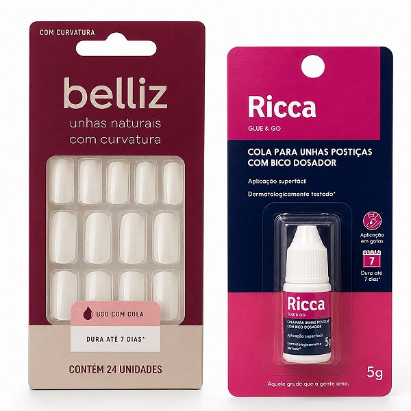Kit Belliz: Unhas Postiças Naturais Belliz Com Curvatura e Cola De Unhas 5g