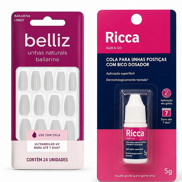 Kit Belliz: Unhas Postiças Naturais Belliz Bailarina e Cola De Unhas 5g